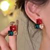 Colorful Rhinestones Stud Earrings for Women Trendy Red Green Purple Round Square Statement Earrings Geometry Pink Jewelry Gift