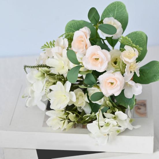 Artificial Rose Bouquet Fake Flowers with Eucalyptus Leaves Plastic Floral Arrangement for Wedding Bridal Bouquets Home Kitchen Party Table