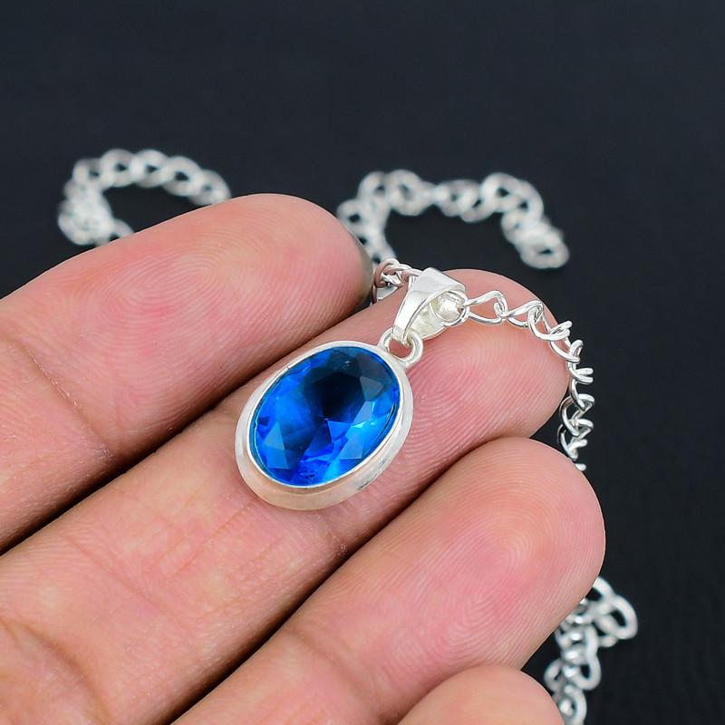 Blue Topaz Faceted S Lock Chain Pendant HandCrafted Fine Polished 925 Sterling Silver Pendant with Morden Design Gift for Wedding Bridal