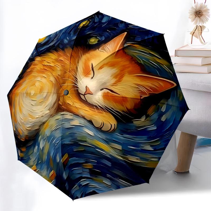 1pc Cat Night Automatic Folding Umbrella - Compact 8-Rib Design, Durable Plastic & Iron, Lightweight for Outdoor Daily Use087