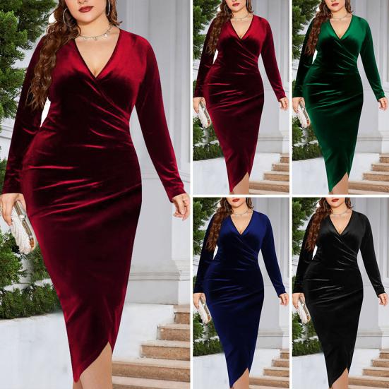 Dámské šaty Sametové šaty Hluboký výstřih do V Dlouhé Plus velikosti Rukáv s křížovým Skládaným šatem Sexy šaty Slim Fit Cocktail Party