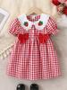 Girls Summer Dress Vintage Checkered Peter Pan Collar Lantern Sleeves Bow Strawberry Applique Baby Outfit
