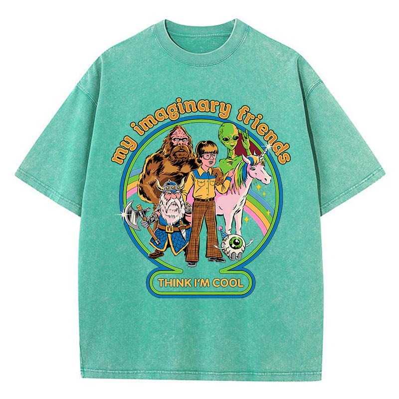 Mes Amis Imaginaires Pensent que Je Suis Cool T-shirts Rétro Délavés Homme T-shirts Respirants T-shirt en Coton Doux T-shirt Oversize