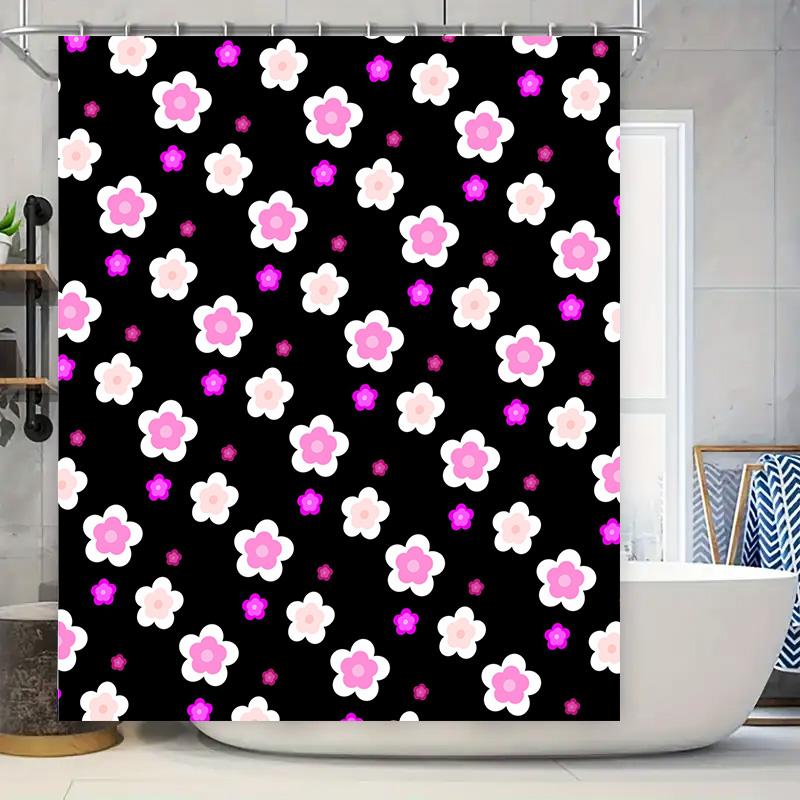 Pink White Flower Print Shower Curtain Black Polyester Waterproof Decor Bathroom Accessories Size: 180 X 200 cm/71x79inch(US) (B