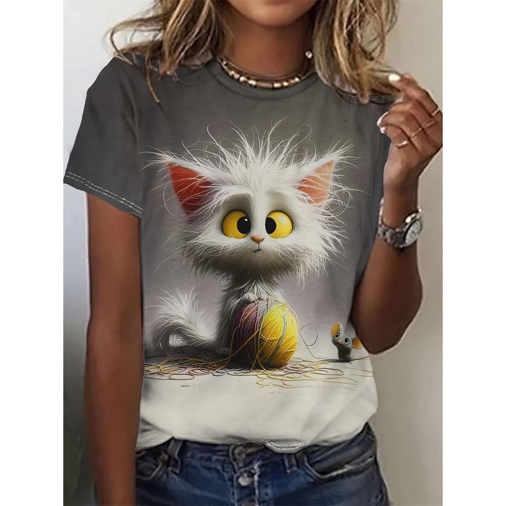 Cute Cat Dog Women's T-Shirts 3d Animal Print Daily Tshirt Funny Casual Ladies Short Sleeve O Neck Female Clothing Top