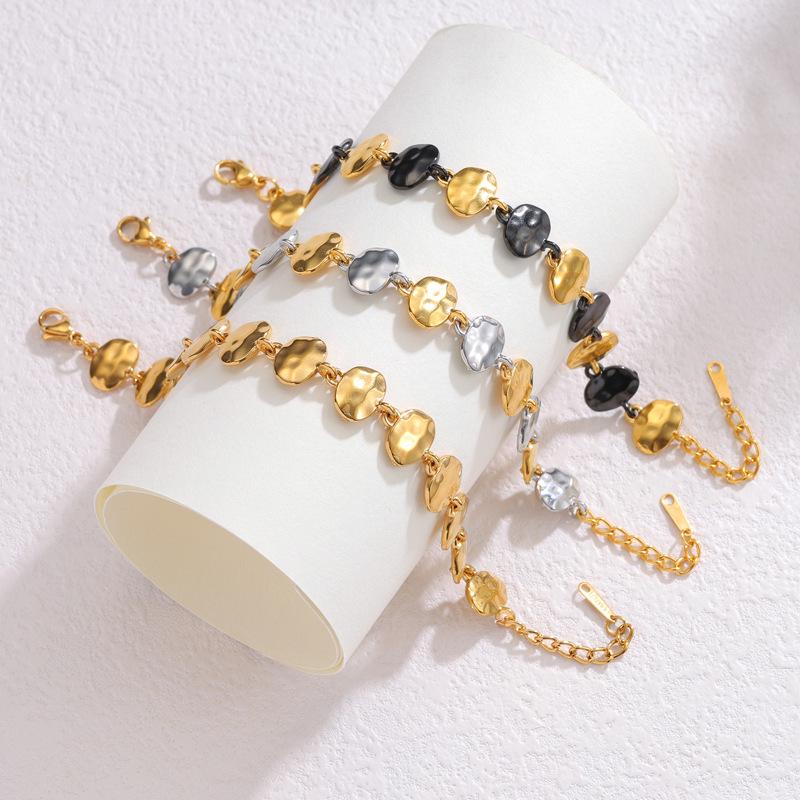 European-Style Hammered Stainless Steel Oval Bracelet - Simple Color Block Design for Autumn/Winter Women's Accessories, High-End Feel
