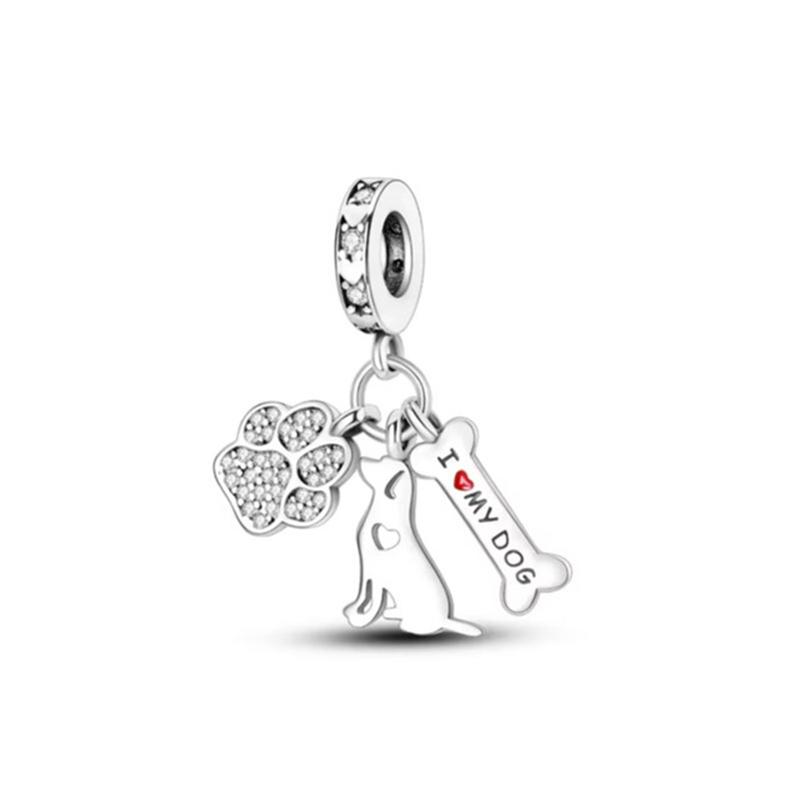 Copper Cute Animal Cat Dog Paw Print Pendant Heart Bead String Compatible With Original Bracelet Diy Jewelry Making