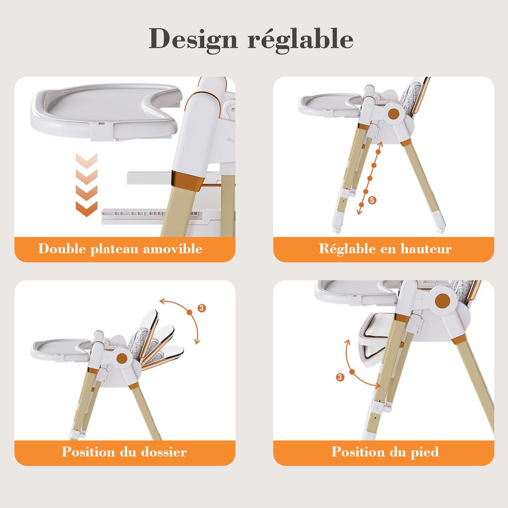 2-in-1 Baby High Chair with Rocking Function, 5-Point Safety Harness, Locking Wheels, Removable Tray, Foldable & Height-Adjustable, White