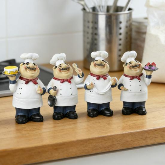 Cartoon Chef Figurine Hand-Painted Holding Fruit Plate Cake Noodles Spoon Chef Statue Sculpture Home Kitchen Dining Room Decoration Ornament