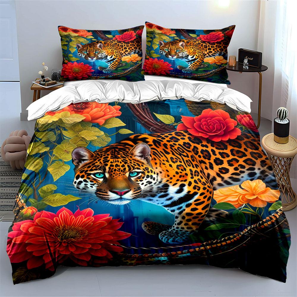 Leopard Floral Art Decoration Set Multiple Sizes Kid'S And Adults' Bedroom Exquisite 3Pc Bedding Set, Gift