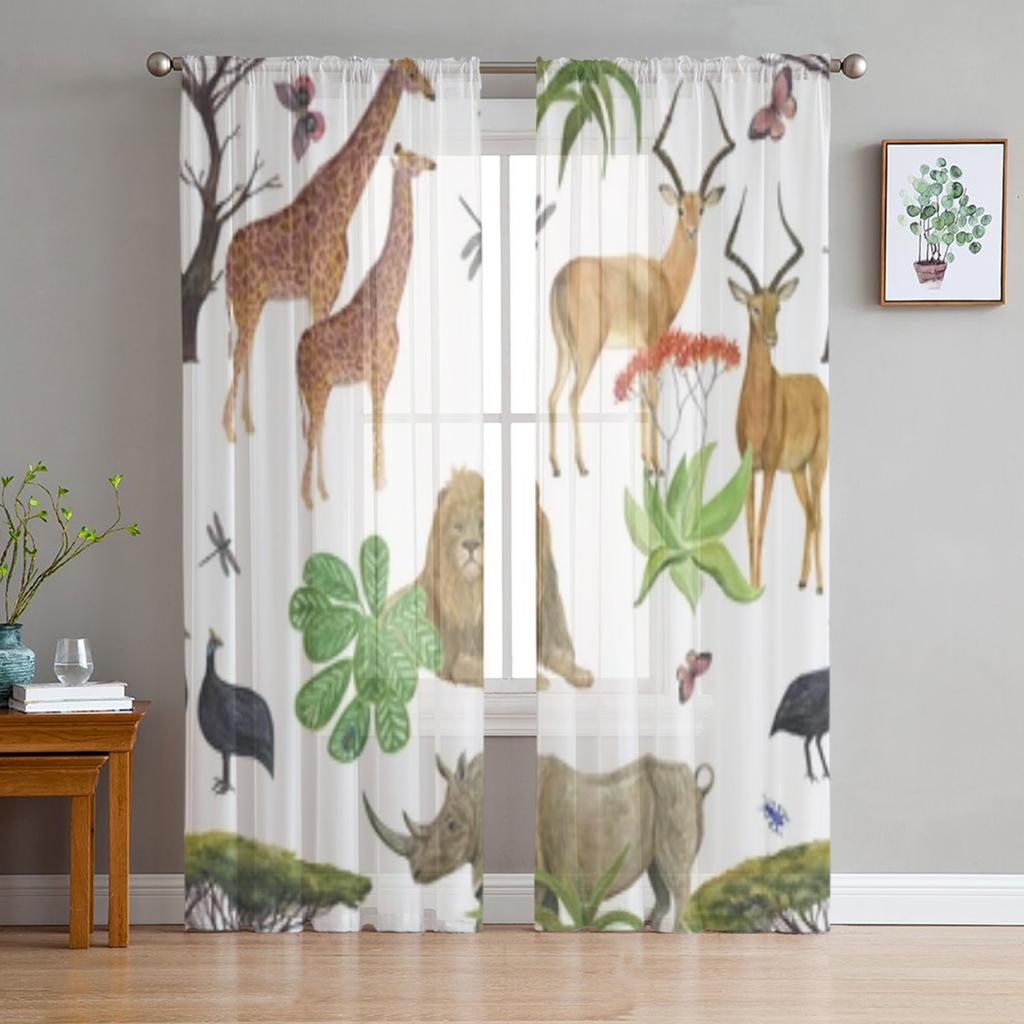 Jungle Theme Tropical Wildlife Animal Elephant Pattern Sheer Window Panel Curtains For Living Room Bedroom Voile Tulle Curtains Drapes For Kitchen