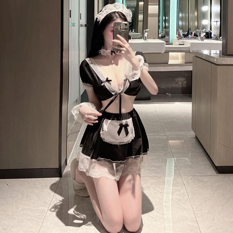 Ladies' Erotic Lingerie Sexy Deep V Hollow Chest No Need To Take Off Pure Desire Cute Girl Maid Role-playing Costume