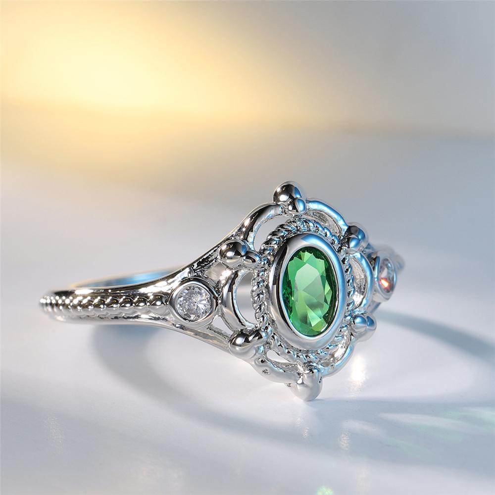 Charm Female Red Purple Green Oval Zircon Stone Engagement Ring Vintage Silver Color Wedding For Women