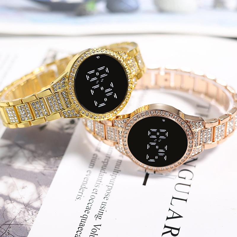 Touch Screen LED Digital Women Watch Rhinestone Ladies Stainless Steel Wristwatches Quartz Watches