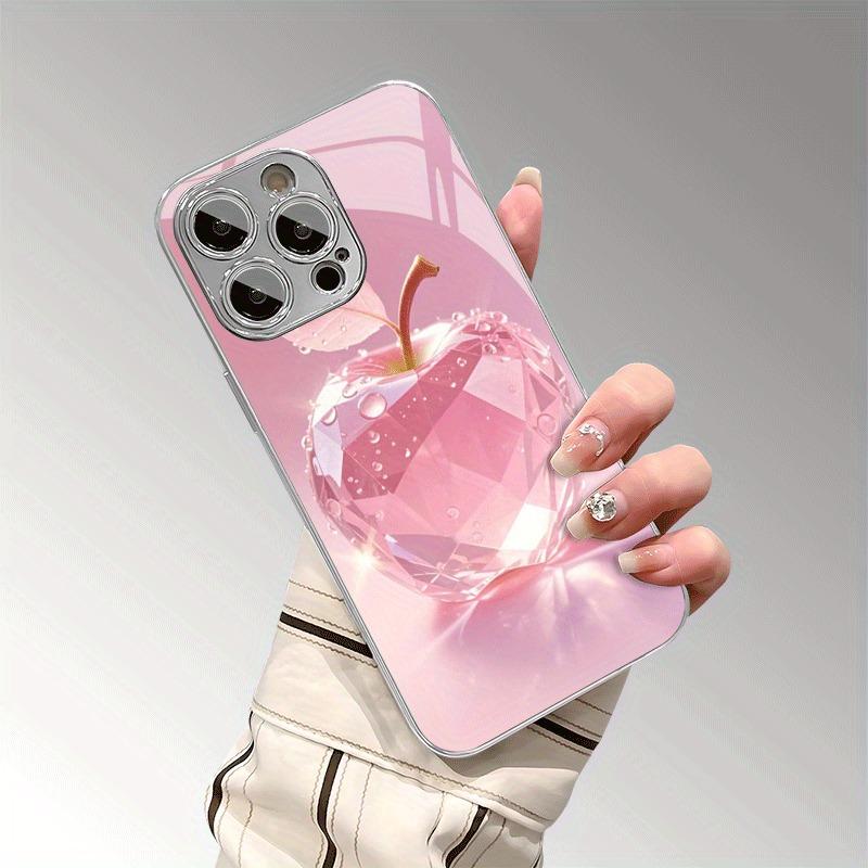 Rosa Kristall Med Äpple Mönster Härdat Glas Galvaniserat Fodral För iPhone 17 16 15 14 13 12 Pro Max Plus 16E 17Air Skydd