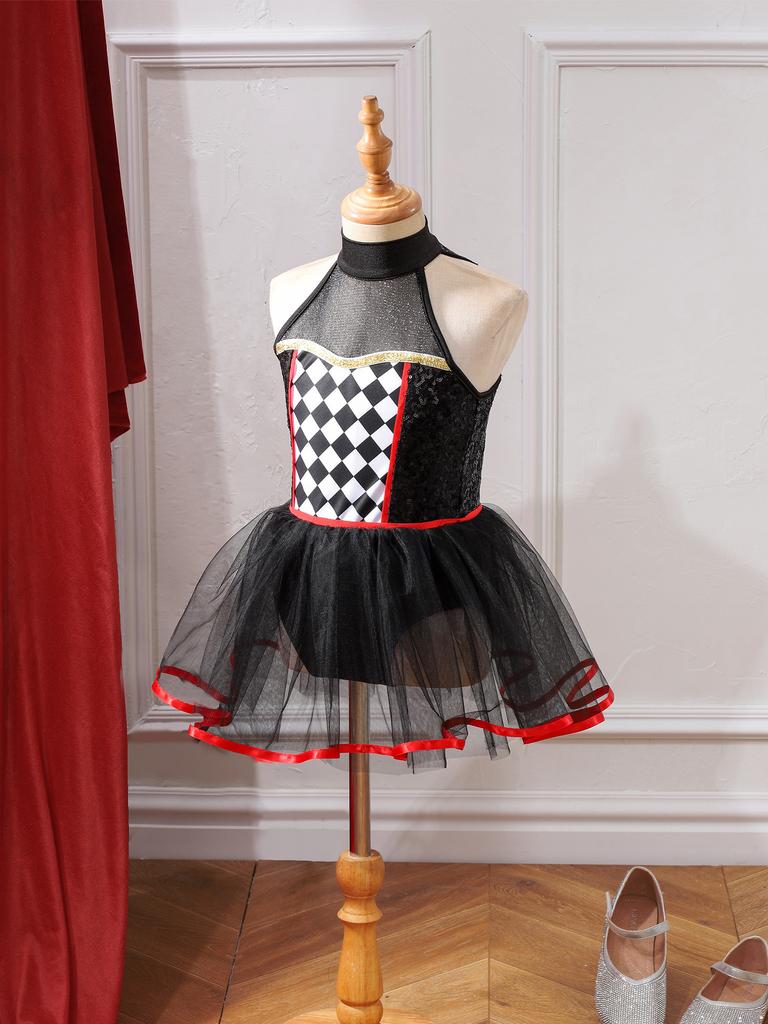 Girls Clown Tutu Dress Halter Neck Sequins Checkerboard Bodysuit Halloween Dancewear Costume