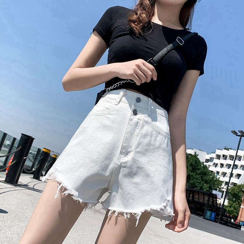 Pants Classic and Minimalist Fashion Versatile Thin Female High-waisted A-line Thin Summer Broken Holes Loose Wide-legged Denim Shorts Individuality