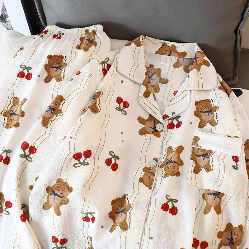 Cartoon Cherry Bear Women's Pajamas Harajuku Cute Y2K Pajamas for Women Long Sleeve Top & Elastic Waist Pants Sleepwear