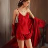 Women's Sexy Thin Pajamas Spring and Summer Ice Silk Suspenders Shorts Nightgown Lace Kimono Three-piece Set