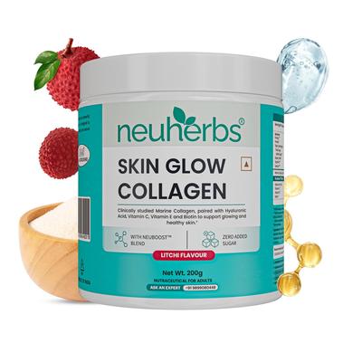 Neuherbs Marine Skin Glow Collagen Peptides Powder with Hyaluronic Acid Biotin and Vitamin C Litchi Flavour 200 G
