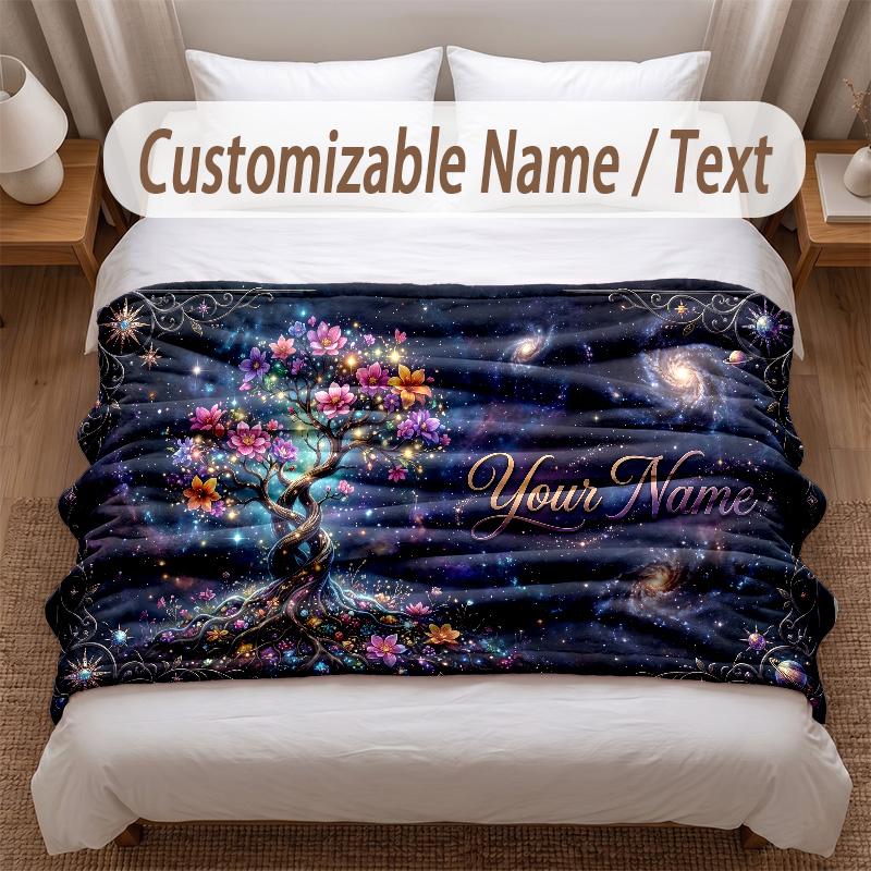 Tree of Life Theme Soft Blanket Personalized Custom Name Text Print Warm Blanket Home Sofa Bedroom Decor
