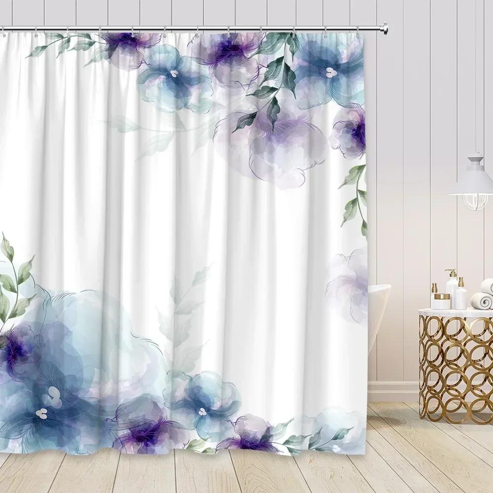 Hand Painted Floral Shower Curtains Set Watercolor Flowers Plants Poppies Butterfly Simple Polyester Nordic Bathroom Decor Hooks