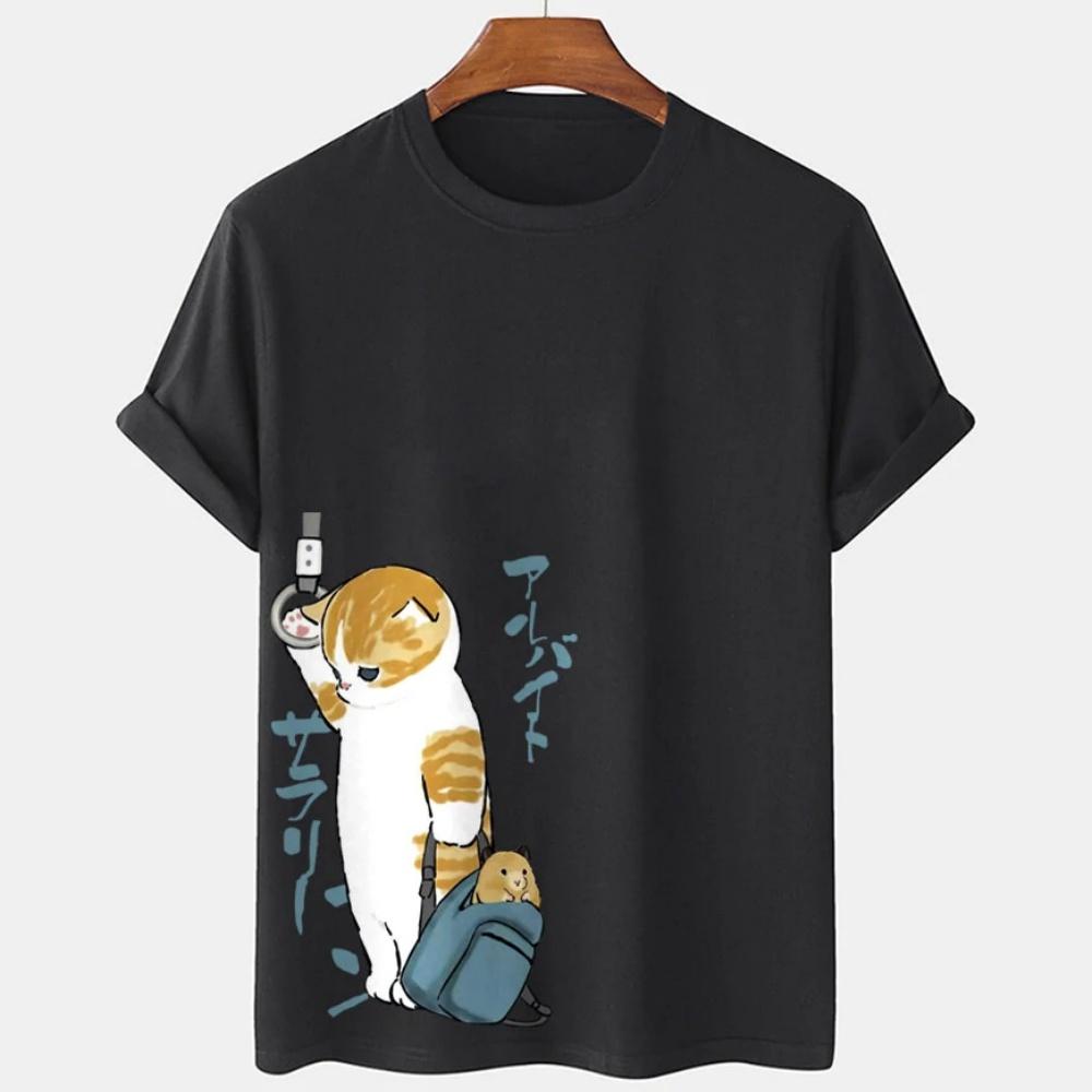 Cartoon Cat Men's T-Shirt Japanese Style Cat Print T-Shirts Casual Loose Short Sleeve Tee Oversized Men Clothing Tops Summer New