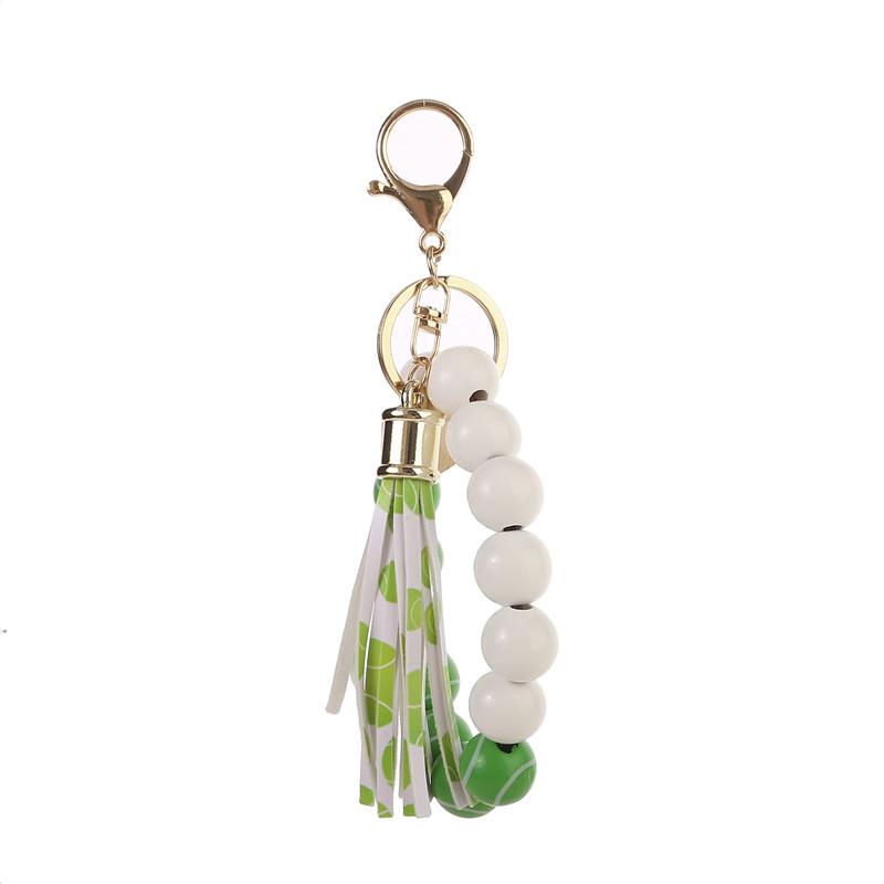 Round Wooden Beads Bracelet Wrist Strap Trendy Sports Style Tassel Keychain Key Rings DIY Wristband For Couples