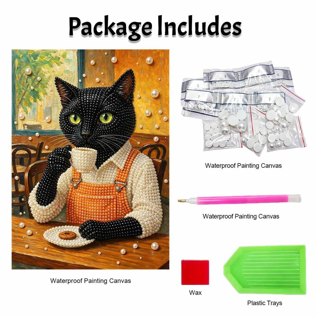 Framed Pearl Painting Kit Black Cat Drinking Coffee 3D Shiny Bead Art Canvas for Bedroom Living Room Decoration Wall Art DIY Crafts 144