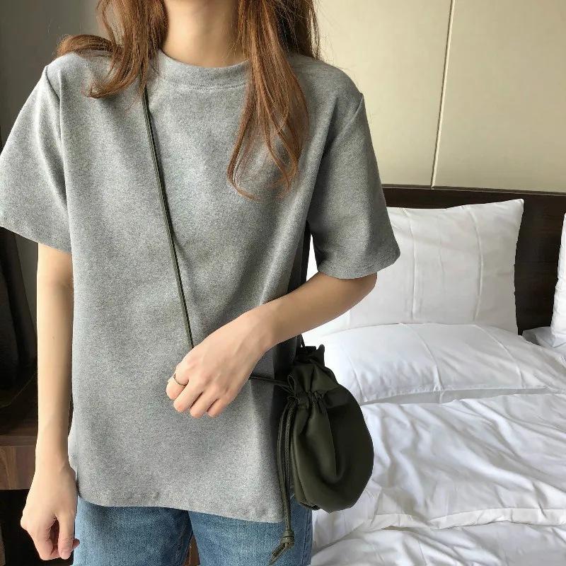 Ladies Loose Minimalist Solid Color T-shirt O-neck Short Sleeved T-shirt Bottom Top for Women