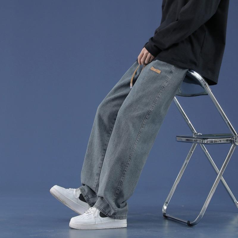 Herbst Winter Herren Schwarz Gerade Weite Beine Jeans High Street Lockerer Sitz Denim Hose Lässige Hose Street Style