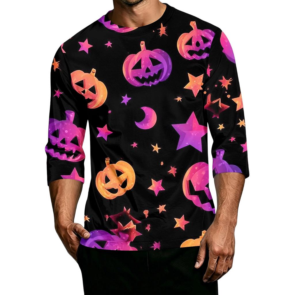 Men's Casual Halloween Print T-Shirt - Round Neck 3/4 Sleeve Novelty Graphic Tee Pullover for Adult Men - Fun Holiday Party Wear