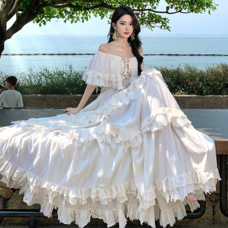 French Retro Ethnic Ruffle Leaf Edge Shoulder Dress Women's Summer Seaside Vacation Feeling Big Skirt Long Dress