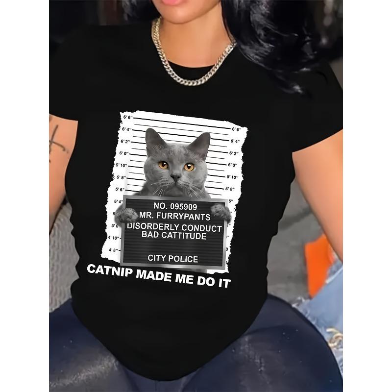 European sizes Women'S Funny Cat Graphic Tee, 100% Polyester Knit Fabric, Crew Neck Short Sleeve Casual Top
