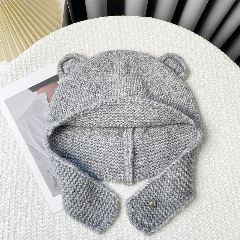 Korean Style Red Balaclava Hat for Women Autumn and Winter Large Head Circumference Woolen Hat Warm Ear Protection Strap Knitted Hat