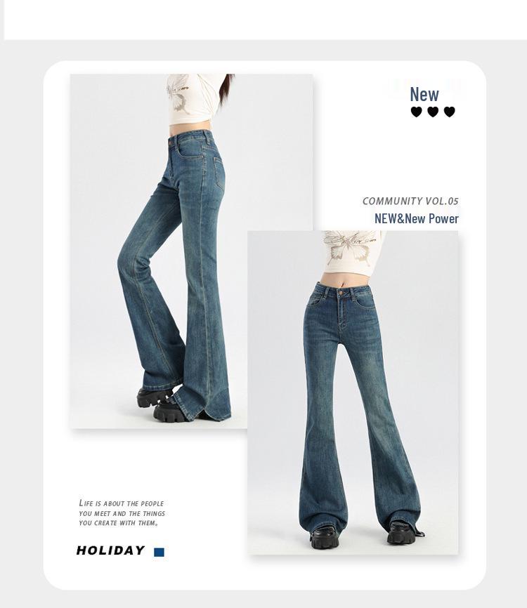 Retro Mörkblå Damjeans med Hög Midja och Microflare - Smickrande Höstdesign i Golvlängd