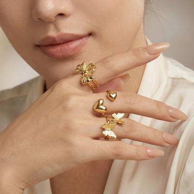 Open Adjustable Butterfly Heart Ring for Women, Hypoallergenic Stainless Steel Gold Color Aesthetic Fashion Jewellry Accessories