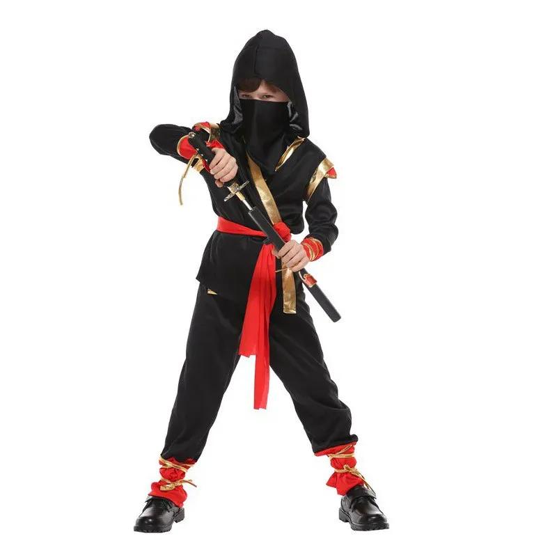 3-12J Kinder Ninja Samurai Cosplay Kostüm mit rotem Schwert und Gabel Vollständiges Set Japanischer Krieger Cosplay Halloween Verkleidungskostüm