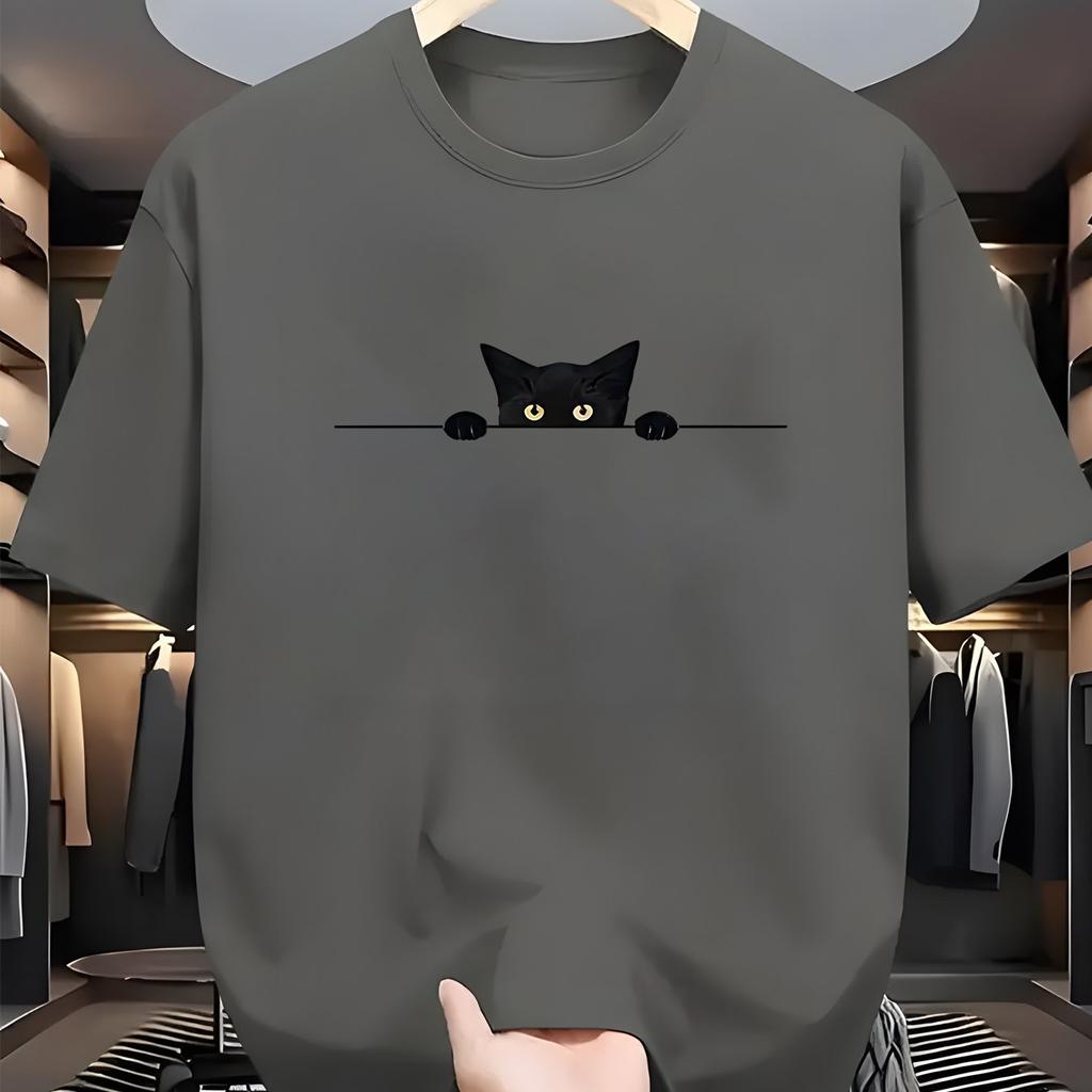 Herren Sommer 100% Baumwolle Modisch Lässig Locker Groß Niedliches Katzenmuster Gedruckt Rundhals Kurzarm T-Shirt Top