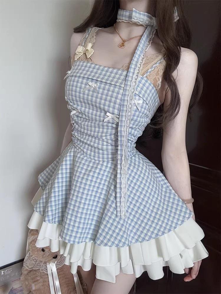 Sweet Plaid Bow Strap Dress: Women's Slimming, High Waist, Sleeveless Flared Skirt