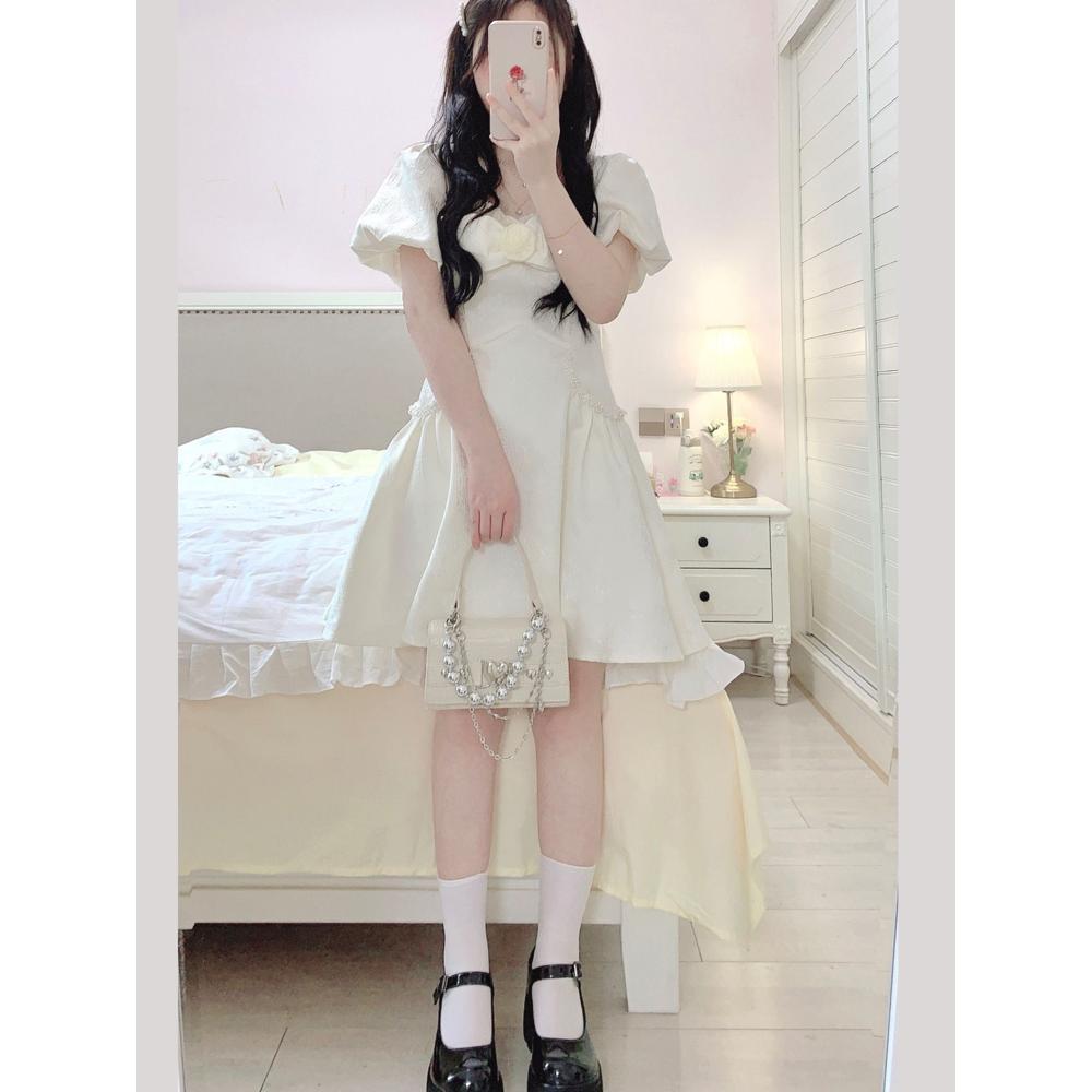 Wind bow bead super fairy princess dress summer waist thin square neck fluffy skirt