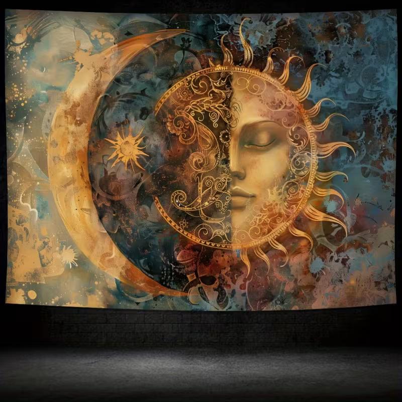 2D Boho Sun Moon Face Wall Tapestry, Mystical Astrology Art Wall Hanging for Home Decoration