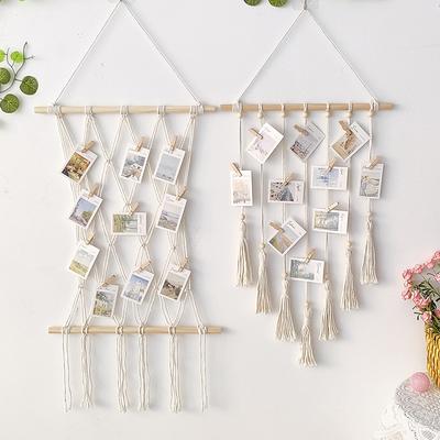 Hanging Photo Display Macrame Wall Hanging Pictures Frame Holder Organizer Boho Kids Baby Room Home Office Wall Art Decoration