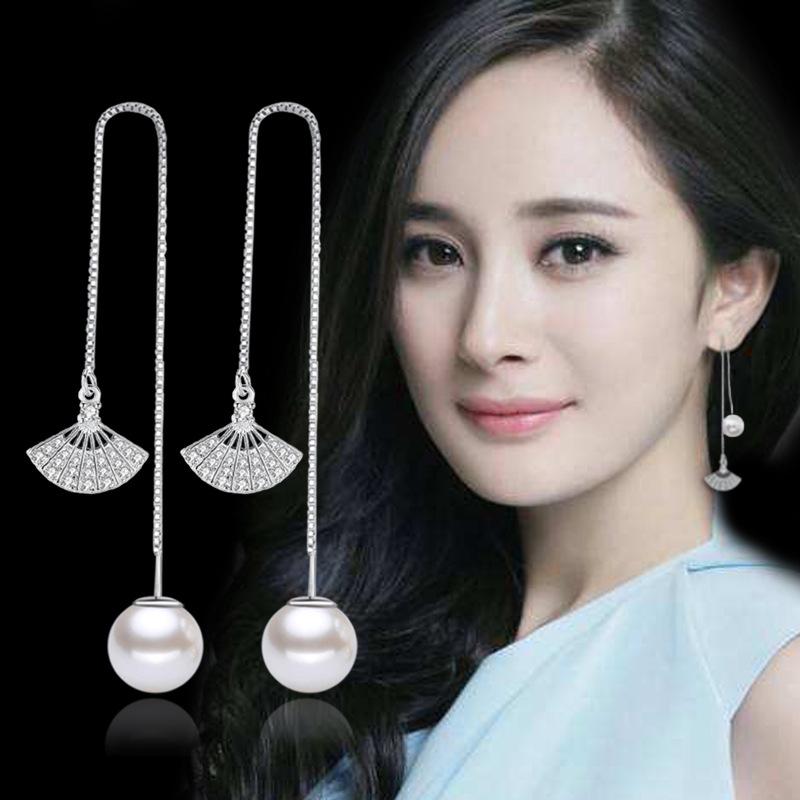 Womens Vintage Korean Fashion Elegant Simple Anti-allergy Zircon Crystal Leaf Pearl Dangle Long Tassel Fan Ear Line Stud Earrings Jewelry Xmas Gifts