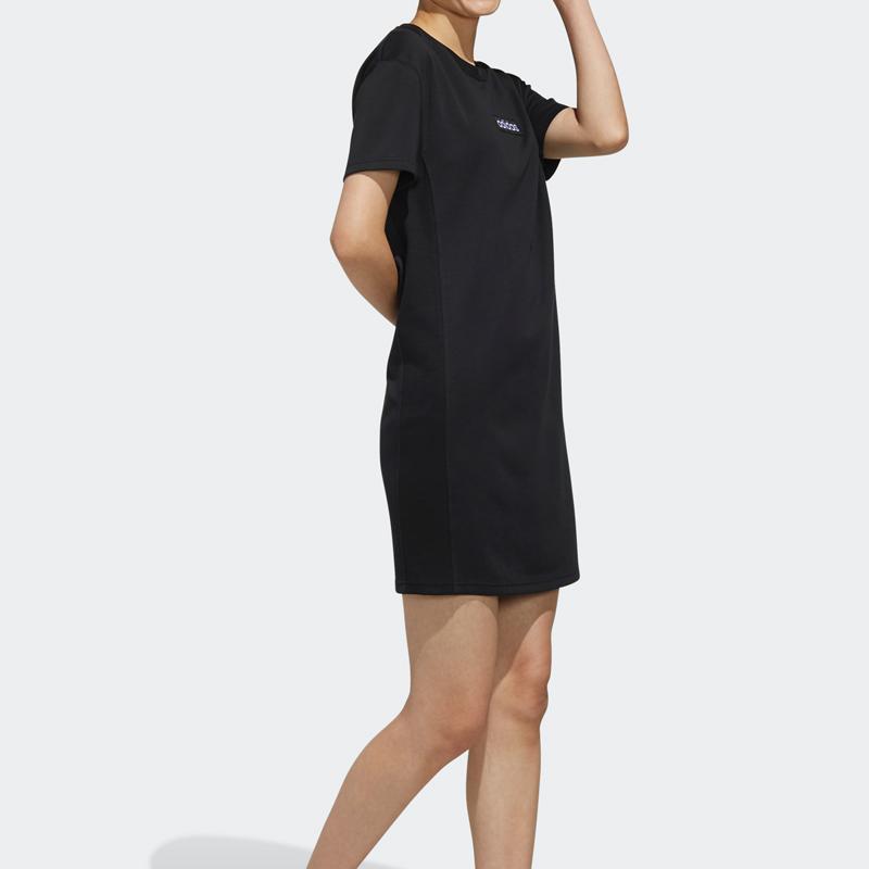 adidas Solid Color Round Neck Pullover Regular Fit Short Sleeve Dress Women Dress Black EI4705