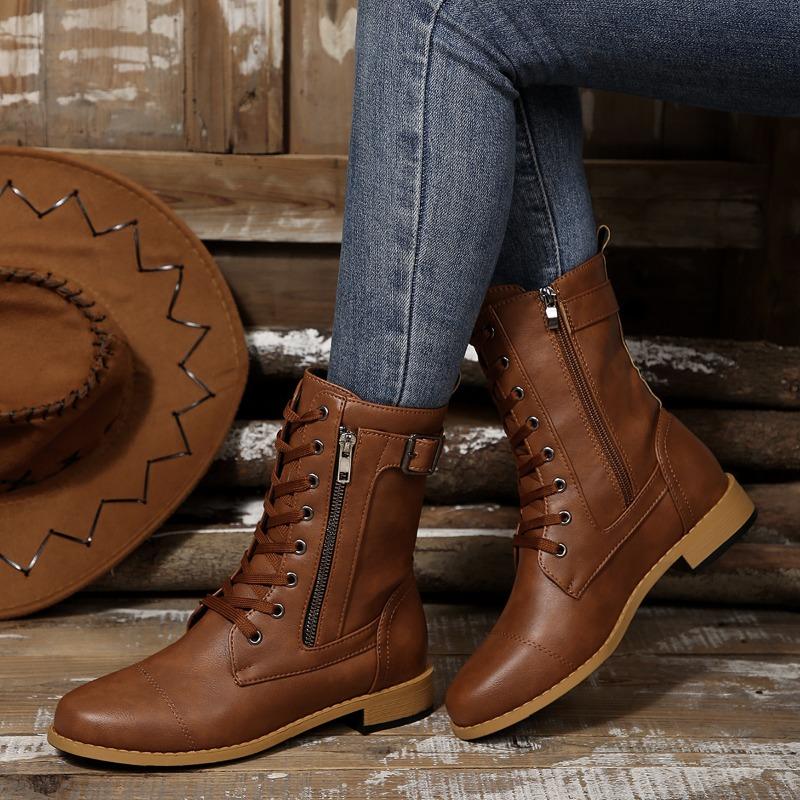 Fashion Low Heel Single Boots Autumn New Round Toe Front Lace-Up Side Zipper Soft Sole Anti-Slip Wear-Resistant Short Shoe