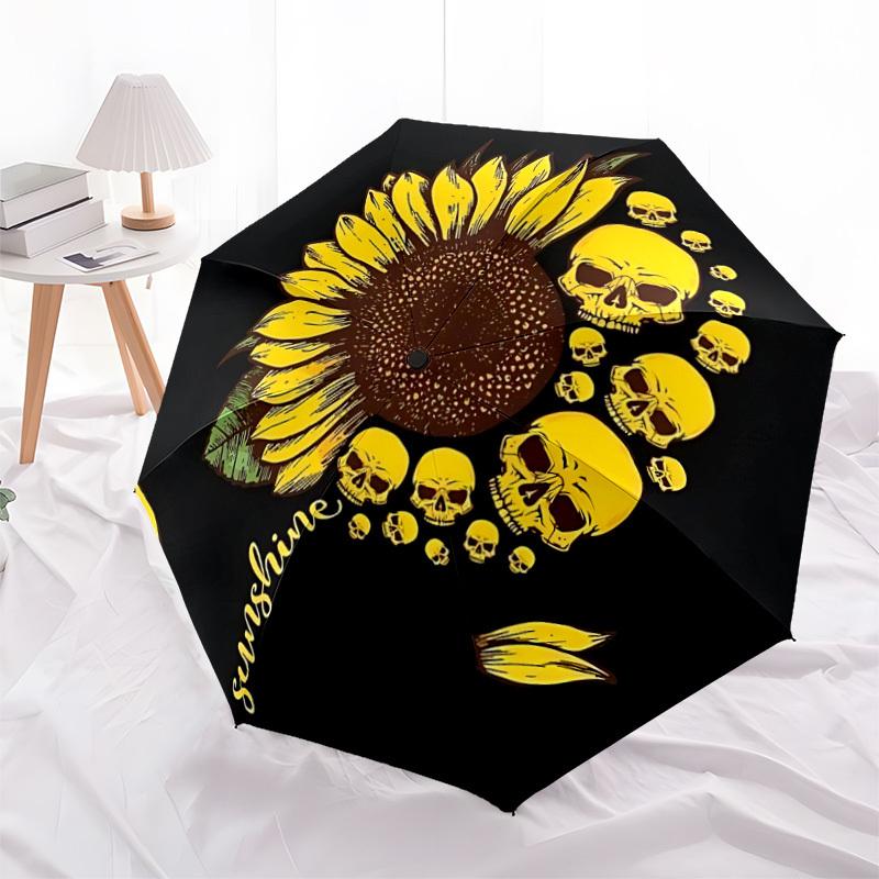 1pc Sunflower Skulls Automatic Folding Umbrella - Compact 8-Rib Design, Durable Plastic & Iron, Lightweight for Outdoor Daily Use, Festive Gift