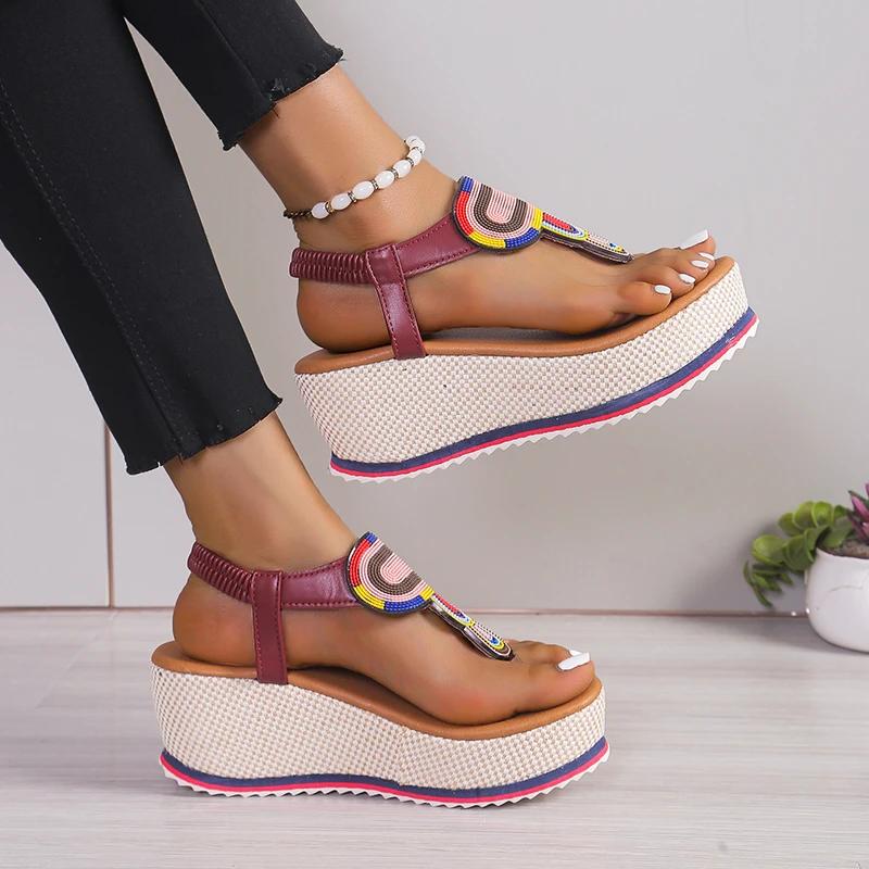 Fashion 2024 Hot Sale Women's Shoes Pinch Toe Women's Sandals Summer Rome Mixed Colors Casual Platform Wedge Heel Large Size Sandals