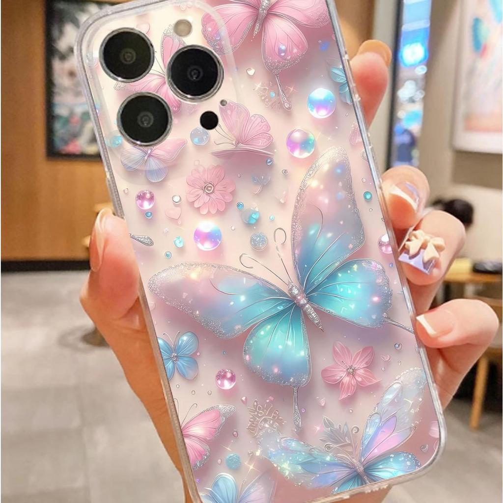 Puderblau Schmetterling Anti-Drop Transparente Hülle für iPhone 14/15/16/17 Pro Max