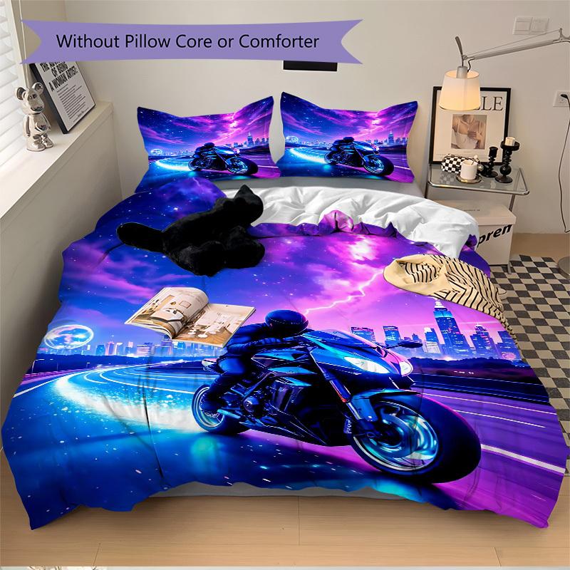 3pcs Motorcycle Night Lights Bedding Set: Perfect for Bedroom or Guest Room. Soft and Comfortable with No Core Included yy251009168